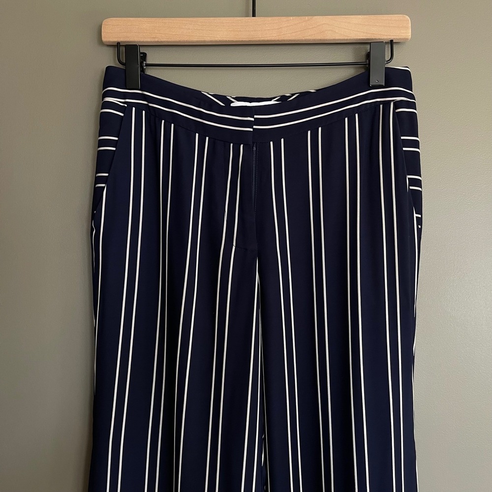La Ligne Hardy Striped Crepe Flared Pants Navy Blue White High Waist Sz 2 Flowy - Picture 4 of 16